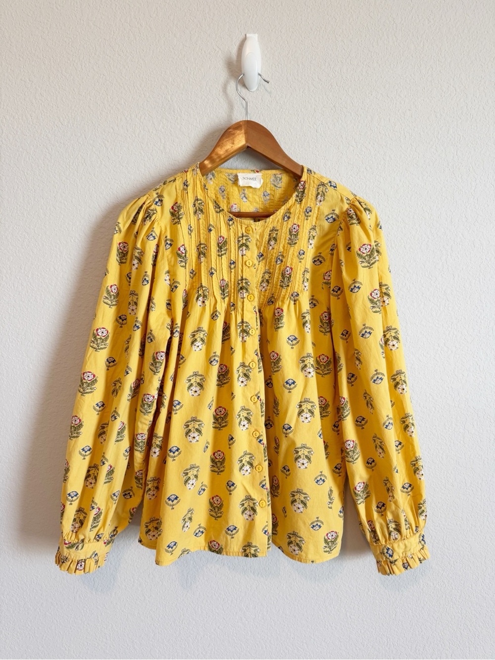 Sonmer Shop Yellow Blockprint Floral Pintuck Grandmillenial Puff Sleeve Top Sz L